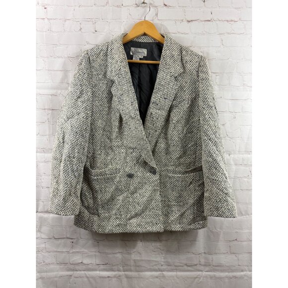 Christopher Wool Tweed Blazer Womens Size 13/14 Gray Blue Ivory Vintage -(READ) - Picture 1 of 9